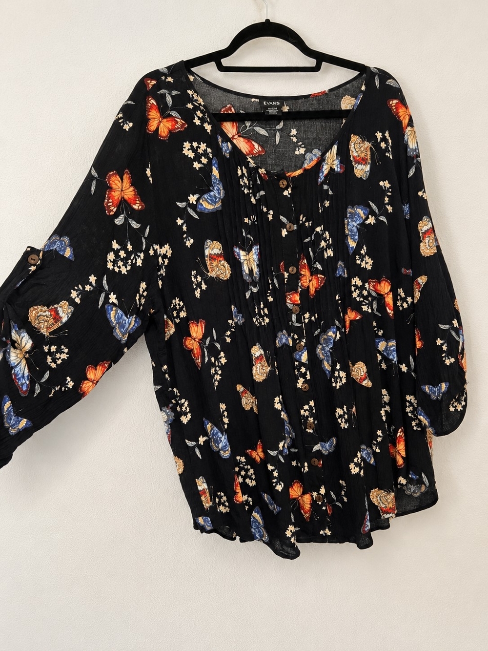 EVANS Plus Size 22/24 Black Butterfly Floral Button Front Tunic Top
